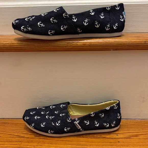 Toms Dark Blue Nautical Anchor Flats Slip-Ons - Picture 2 of 7